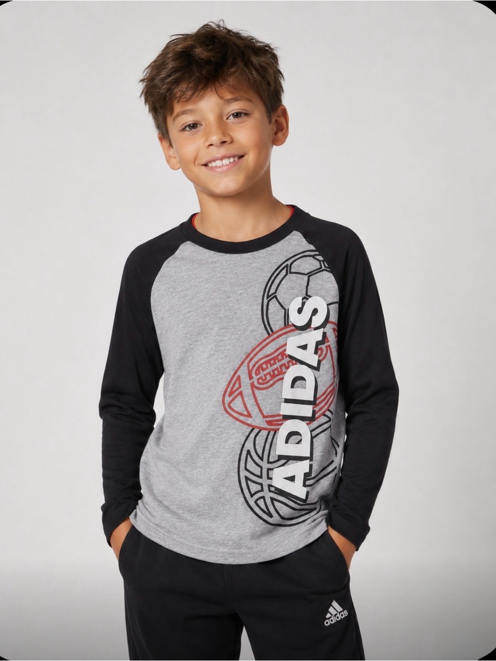 adidas Boys Size 5 Aeroready Raglan Long Sleeve Multi-Sport Tee Grey Black